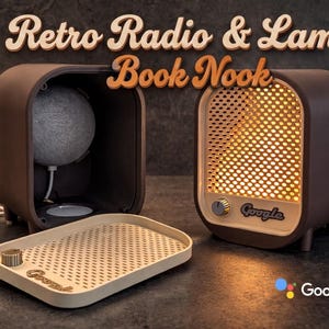 Peut inclure: Un coin de livre de style rétro avec un design de radio et de lampe marron. La lampe émet une lueur chaude, et la conception comprend un haut-parleur et un plateau. Le texte "Retro Radio & Lamp Book Nook" est affiché en haut.