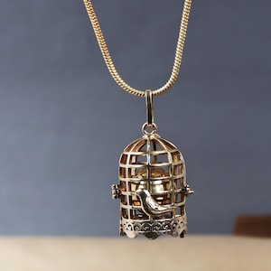 Puede incluir: Un collar con colgante dorado con un diseño de jaula y un pequeño pájaro en su interior. La jaula tiene una base decorativa y está suspendida de una delicada cadena dorada. El pájaro está posado dentro de la jaula, añadiendo un toque caprichoso.