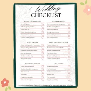 May include: A wedding checklist with a green border and floral accents. The checklist includes sections for setting the foundation, vendors, attire, guest experience, wedding day timeline, and final touches. Text includes "Wedding Checklist".