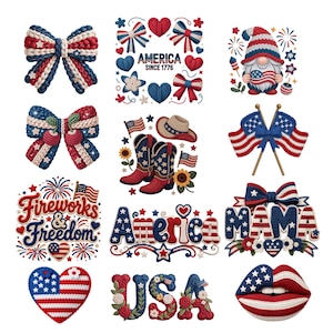 May include: A selection of red, white, and blue patriotic designs. Features bows, hearts, stars, flags, cowboy boots, hats, and text that reads "America Since 1776", "Fireworks & Freedom", "America", "Mama", and "USA".
