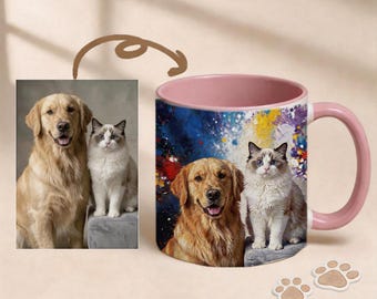 Taza con diseño de mascotas con salpicaduras de tinta vibrantes • Taza personalizada con retrato arcoíris • Regalo artístico para amantes de los perros • Vaso con ilustración de gato personalizada