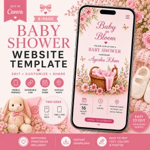 Op de afbeelding: Een 8-pagina baby shower website sjabloon met een roze bloementhema, een rieten mand, een pluche konijn en tekst waaronder Baby in Bloom, Ayesha Khan, 16 augustus 2026, en The Bloom Garden, 125 Flower Lane, Lahore, Pakistan.
