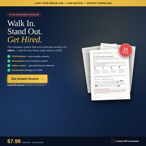 May include: A digital document titled The Interview Playbook 2026 Edition featuring text on a dark blue background. It includes a list of career resources, a yellow Get Instant Access button, and a stack of white pages showing the STAR method.