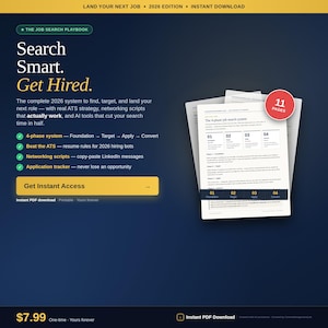 Op de afbeelding: Een digitale productadvertentie voor The Job Search Playbook 2026 Edition. De donkerblauwe afbeelding bevat witte en gele tekst, een Get Instant Access-knop en een stapel witte documentpagina's met een rode badge van 11 pagina's.