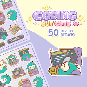 May include: Sheets of stickers with a cute coding theme. The stickers feature cartoon characters with computers, code, and other developer-related items. The text "CODING BUT CUTE" and "50 DEV LIFE STICKERS" are also visible.