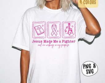 Jezus maakte van mij een vechter (PNG/SVG), Roze lint T-shirt met geloofsthema (PNG), Christelijke borstkankerbewustzijnssublimatie