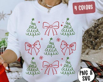 Coquette Bow kerstboomstrik SVG, Preppy handgetekende kerst PNG, Minimalistische vakantiedoodle, Girly Bowcore shirtontwerp