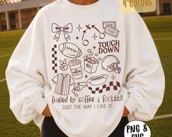 Fueled by Coffee & Football SVG PNG, Football Mom Sublimation, Retro Touch Down Season Shirt Design