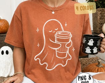Schattige spookkoffie PNG/SVG, griezelig herfstthema sublimatie, gezellig Halloween shirtontwerp