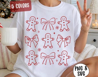 Peperkoekstrik SVG PNG, Coquette kerstkoekje doodle, Preppy feestshirt graphic, Handgetekende peperkoekman PNG