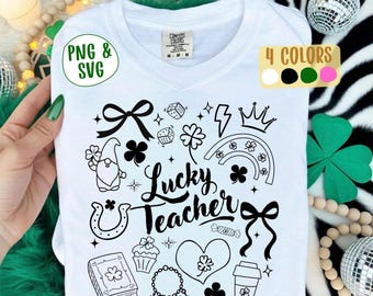 Lucky Teacher PNG SVG, St Patrick’s Day Coquette Sublimation, Clover Design Cut Files