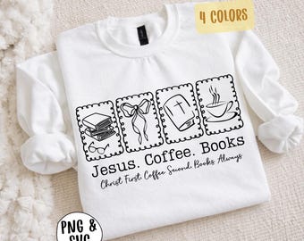 Jesus, Coffee and Books SVG PNG, Trendy Christian Shirt Design, Girly Faith Sublimation