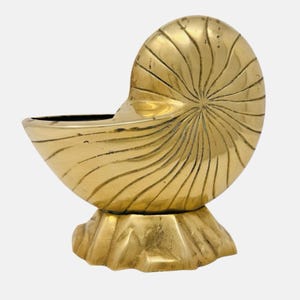 May include: A brass nautilus shell-shaped decorative object. The shell is golden in color, with etched lines radiating from the center. It sits on a textured base, and the opening of the shell is visible. The object is likely a decorative piece or a small container.