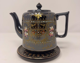 Antique Victoria Jet Black Teapot Gilt Floral England Rd 300253