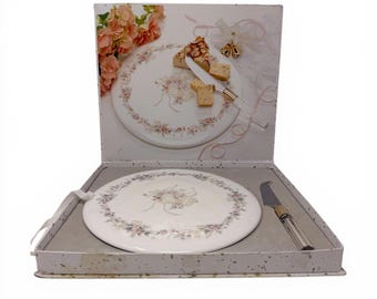 Vintage Mikasa Porcelain Bridal Cake Plate & Knife Set Floral Pink Wedding Box