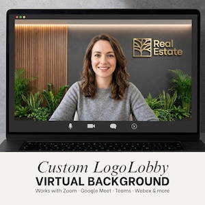 May include: A digital virtual background displayed on a laptop screen featuring a professional office lobby with a dark gray wall, vertical wood paneling, green potted plants, and a gold Real Estate logo sign mounted on the wall for video calls.