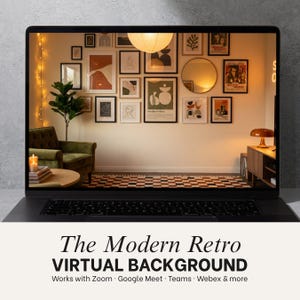 Sala de estar moderna com estilo retrô, fundo virtual para chamadas de vídeo no Zoom.