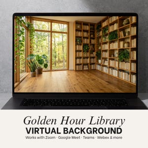 Cozy Library Reading Nook Virtual Background, Sunny Plants, Bookshelves (HD)