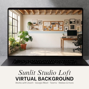 May include: A black laptop displaying a virtual background of a sunlit studio loft office. The scene features a wooden desk, a black office chair, a cork board with notes, wall-mounted shelves with books and plants, and a large window with natural light.