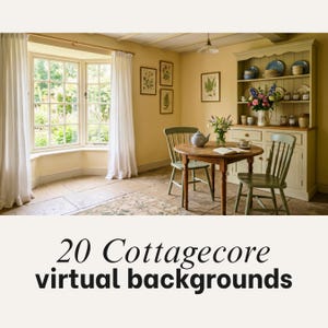 May include: A digital image featuring a dining room with yellow walls, a wooden table, two green chairs, and a hutch filled with dishes and flowers. A bay window with white curtains is on the left. The text 20 Cottagecore virtual backgrounds is below.
