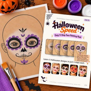 Halloween Face Painting PDF, 5 Easy 4-Step Designs, Skull, Pumpkin & Clown Tutorials, Halloween Speed Vol. 8