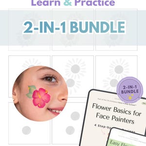 Op de afbeelding: Een promotieafbeelding voor schminken, met een kind met een roze bloemdesign op de wang. De afbeelding bevat de tekst "Learn & Practice" en "2-IN-1 BUNDLE", samen met een tablet met schminkinstructies.