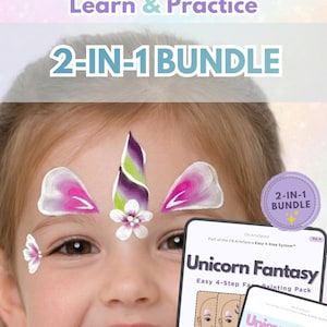 Op de afbeelding: Een jong meisje met eenhoorn gezichtsverf, met een paars en wit ontwerp. De afbeelding bevat de tekst "Learn & Practice" en "2-IN-1 BUNDLE". Twee vellen met de tekst "Unicorn Fantasy" zijn ook zichtbaar.