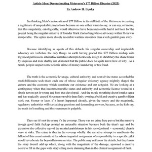 Pode incluir: Um documento impresso intitulado Article Idea: Deconstructing Metaverse's $77 Billion Disaster (2025) por Andrew H. Lipsky. O texto é preto sobre fundo branco, organizado em cinco parágrafos com o número da página 1 ao centro.