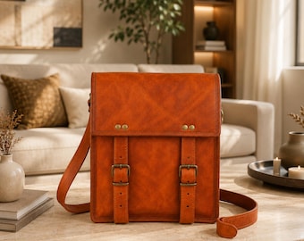 Personalized Full Grain Goat Leather Small Messenger Bag, Handmade Vintage Crossbody Bag For Men and Women, Laptop Briefcase for Work Travel