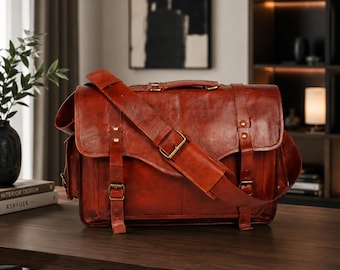 Handcrafted Full Grain Goat Leather Messenger Bag, Vintage Laptop Briefcase, Brown Shoulder Bag, Personalized Crossbody Satchel,Gift for him