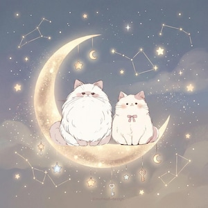 May include: An illustration of two fluffy white cats sitting on a glowing crescent moon. The background features a starry night sky with constellations and hanging charms. The cats have pink accents and a bow.