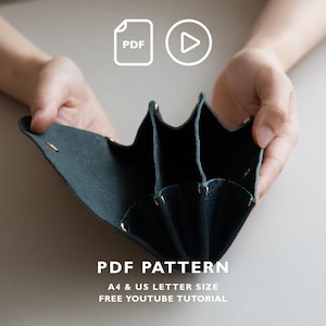 Puede incluir: Una cartera de cuero azul oscuro estilo acordeón con múltiples compartimentos interiores y remaches metálicos dorados. La imagen incluye iconos de PDF y video, con el texto PDF PATTERN, A4 & US LETTER SIZE, FREE YOUTUBE TUTORIAL.