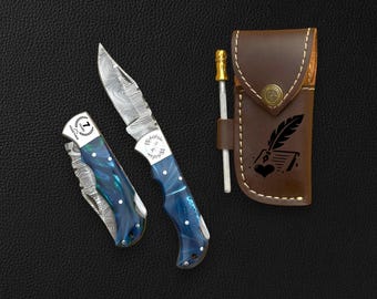 Handwriting Engraved Damascus Steel Folding Knife, Personalized Handmade Gift for Him