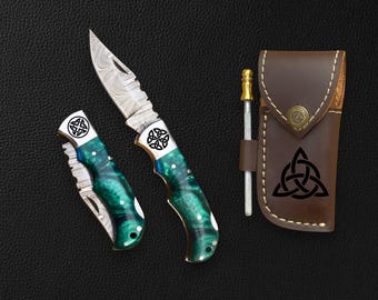 Personalized Celtic Damascus Pocket Knife, Handmade Folding Knife with Resin Handle, Custom engraved Gift for Men