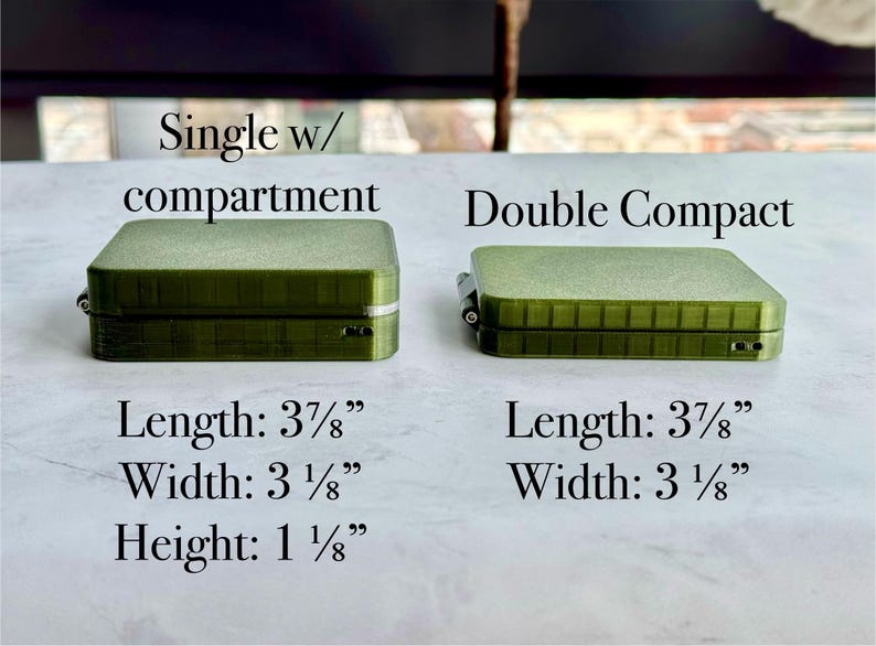May include: Two olive green rectangular cases. The left case is labelled Single w/ compartment with dimensions 3 7/8 inches length, 3 1/8 inches width, and 1 1/8 inches height. The right case is labelled Double Compact with dimensions 3 7/8 inches length and 3 1/8 inches width.