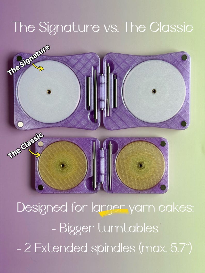 May include: Two purple folding yarn cake holders labelled The Signature and The Classic. The Signature features larger white circular turntables, while The Classic has smaller gold-toned turntables. Both include metal spindles and magnets.