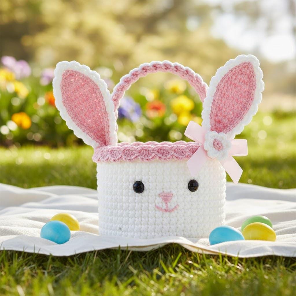 Crochet Easter Bunny Basket Pattern PDF Bunny Ears Handle Scallop Trim ...