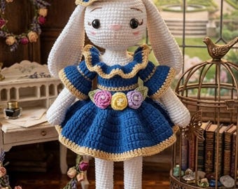 Rabbit Crochet Pattern PDF, Amigurumi Bunny Doll, Easter Bunny Toy Gift, Crochet Plush Pattern with Dress Hat & Shoes DIY Stuffed Toy