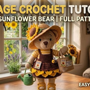 Könnte beinhalten: Ein gehäkelter Teddybär mit Sonnenblumenhut und -kleid, der eine Gießkanne und eine Tragetasche hält. Der Bär steht vor einem Fenster mit dem Text "COTTAGE CROCHET TUTORIAL! THE SUNFLOWER BEAR | FULL PATTERN!" und "EASY 3-D CROCHE".