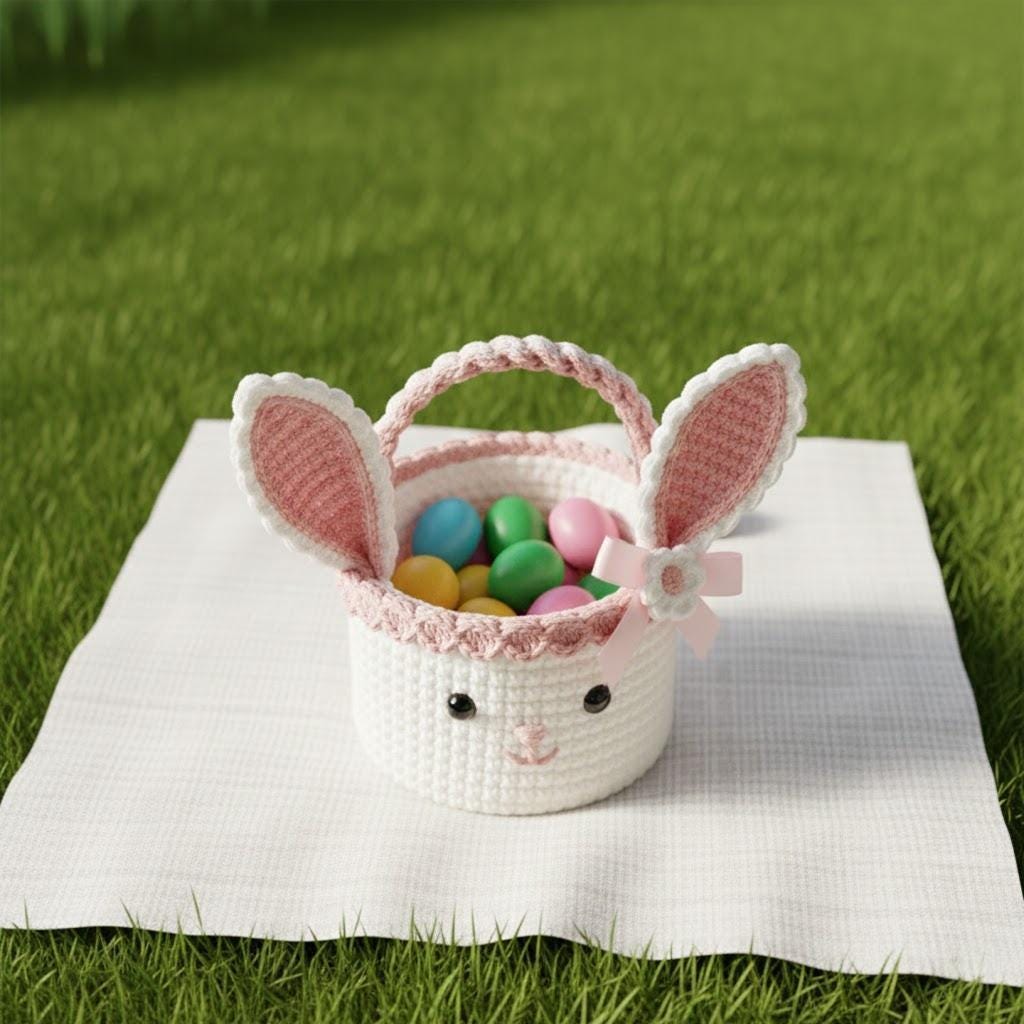 Crochet Easter Bunny Basket Pattern PDF Bunny Ears Handle Scallop Trim ...