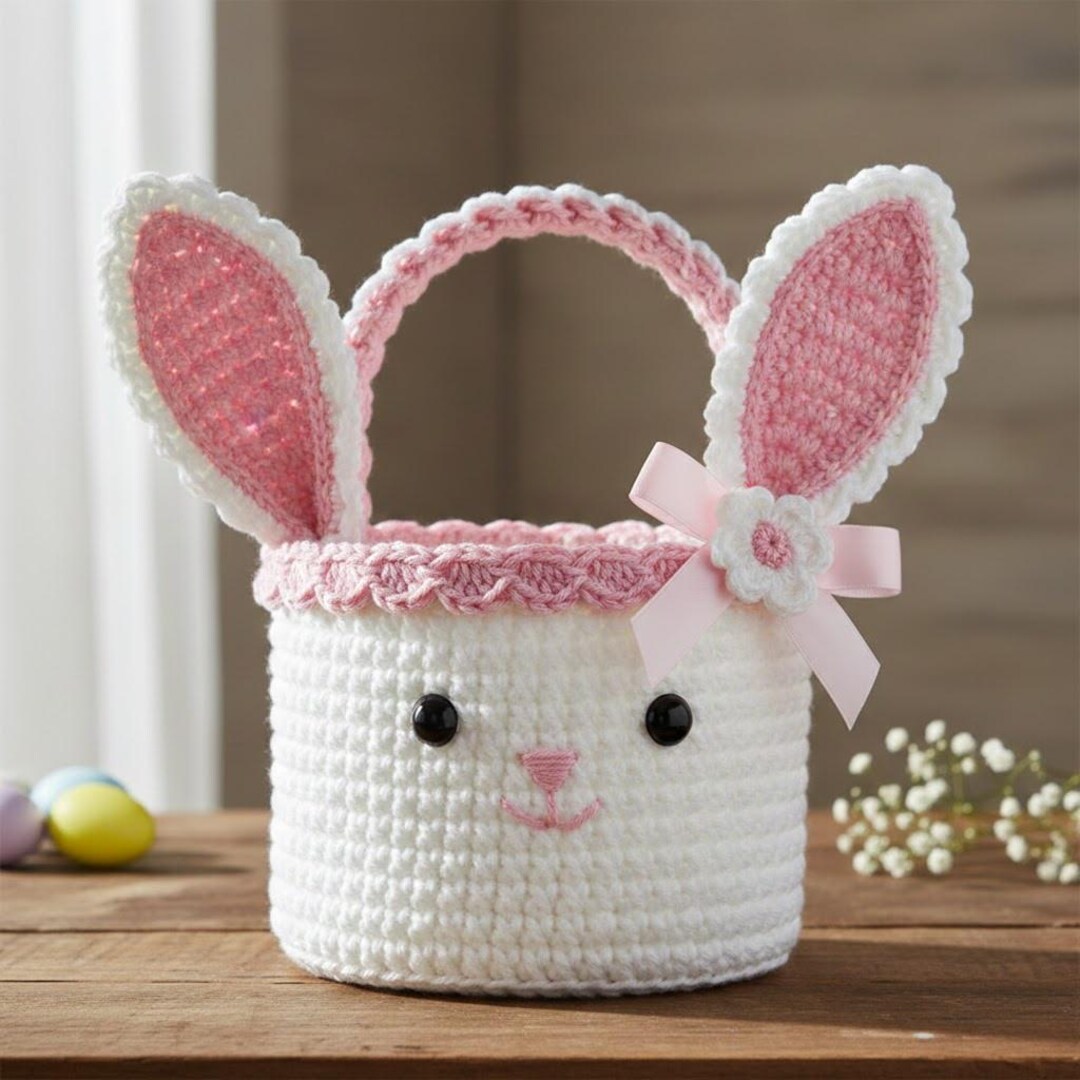 Crochet Easter Bunny Basket Pattern PDF Bunny Ears Handle Scallop Trim ...