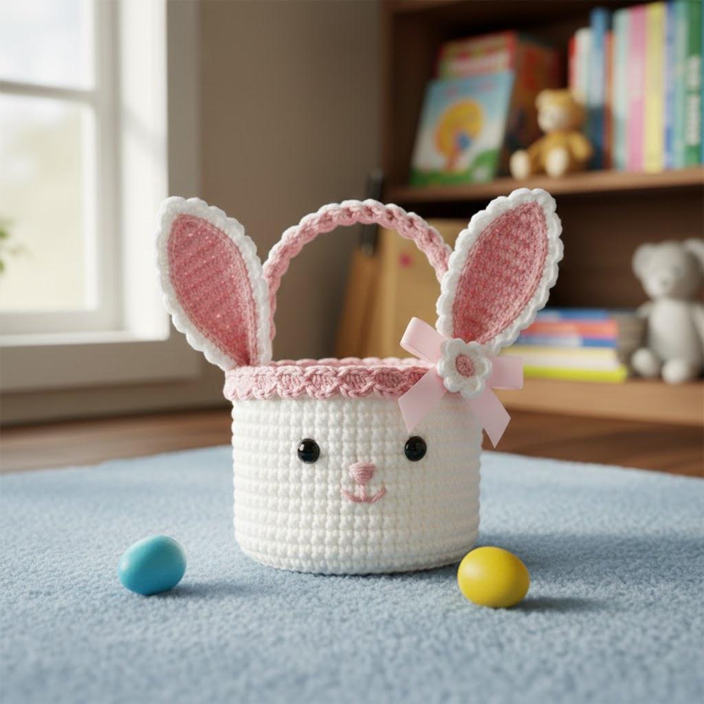 Crochet Easter Bunny Basket Pattern PDF Bunny Ears Handle Scallop Trim ...