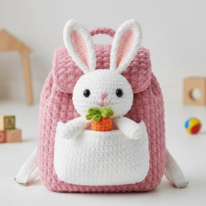 May include: A pink crochet backpack with a white bunny design. The bunny has long ears and holds a carrot. The backpack has a handle and adjustable straps. The backpack is made of a soft, textured material.
