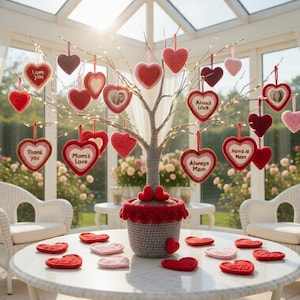 May include: A decorative tree adorned with heart-shaped ornaments, some with text like "Love You" and "Mom's Love." The tree sits in a pot on a table surrounded by white chairs. Additional heart-shaped decorations are scattered on the table.