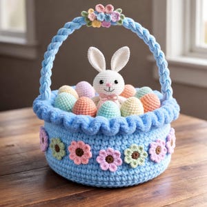 May include: A handmade blue crochet Easter basket with a braided handle, adorned with colorful crochet flowers. The basket is filled with pastel-colored crochet eggs and a white bunny with a pink bow.