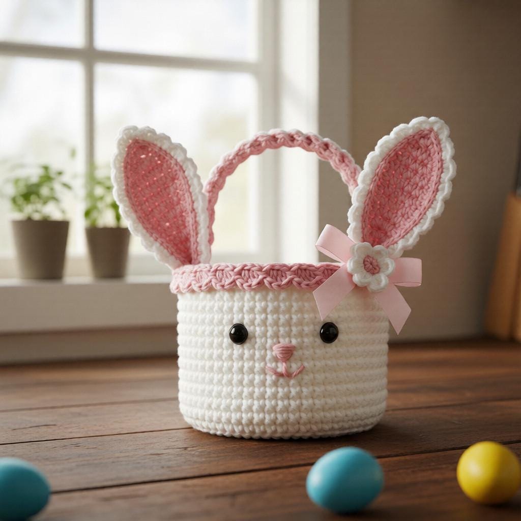Crochet Easter Bunny Basket Pattern PDF Bunny Ears Handle Scallop Trim ...