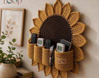 Schema PDF per organizer da parete a forma di girasole all'uncinetto, porta telecomando, organizer con tasche da appendere, decorazione per la casa in stile boho, download digitale PDF