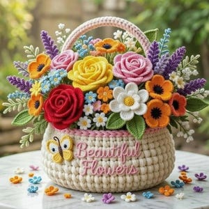 Puede incluir: Una cesta de ganchillo crema rebosante de flores coloridas. El arreglo incluye flores rojas, amarillas, rosas, naranjas y azules, con hojas verdes. La cesta tiene bordadas las palabras "Beautiful Flowers" y una mariposa.