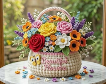 Crochet Flower Basket Pattern PDF, 3D Rose Bouquet Crochet, Floral Basket Pattern, Spring Home Decor, Beginner Crochet, Instant Download