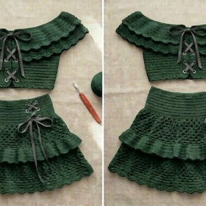 May include: A two-piece green crochet outfit, featuring a crop top with a ruffled neckline and a mini skirt with a tiered design. Both pieces have gray ribbon accents. The outfit is handmade and suitable for summer wear.